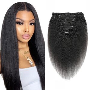 Natural Kinky Straight Clip in Human Hair Extensions - 120g 8PCS/Set 18 Clips