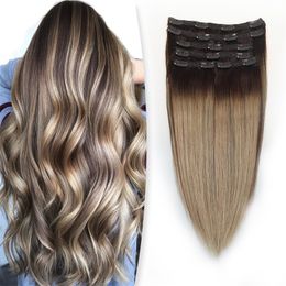 Clip in Echt Haar Hoogwaardige 100g Balayage Ombre Kleur Rechte Natuurlijke Extension Met Dubbel Getrokken W220401