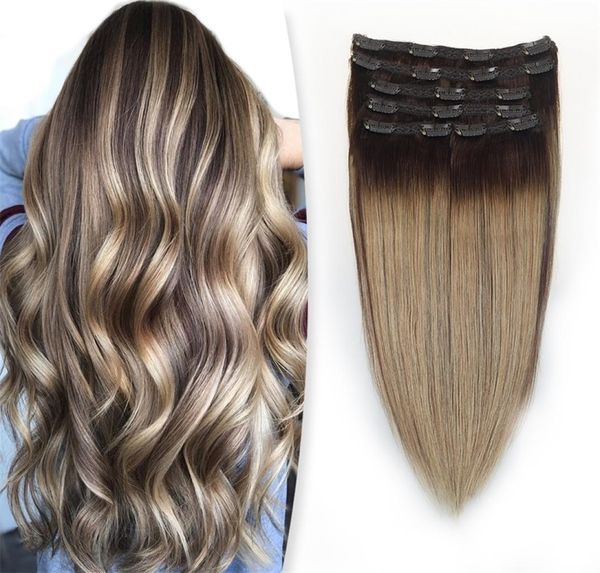 Clip dans les cheveux humains de haute qualité 100g Balayage Ombre couleur droite extension naturelle avec double tirage W2204019882095