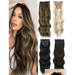 Extensions de cheveux à clipser Aisi Hair Synthétique 4Pcs / Set Extensions longues ondulées Clip en Ombre Blonde Brun foncé Pièces épaisses W22040198976 Otptr