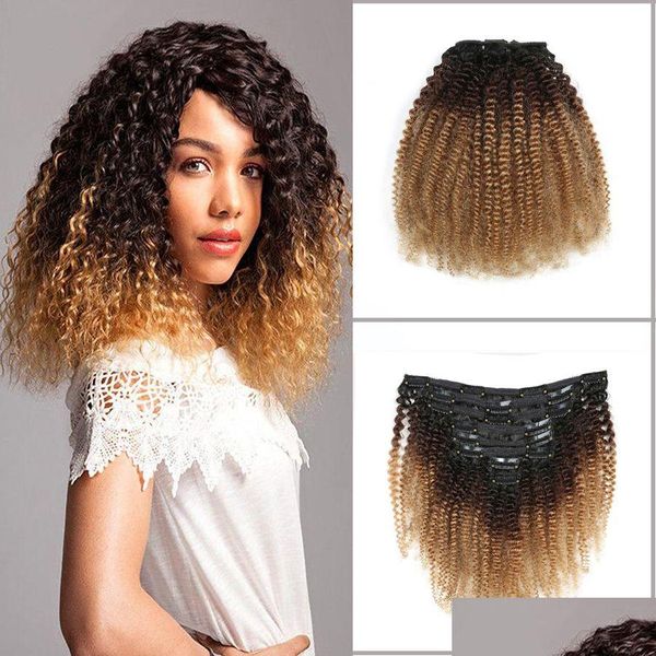 Clip dans / on Extensions de cheveux Extension bouclée en afro Kinky 3 Tone Ombre 1B / 4/27 120G / PC Prix d'usine Produits de livraison de chute en gros DH6DT