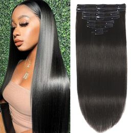 Clip in Remy Human Hair Extensions Black Women Invisible Natural Straight Nadless Clip on Hair Extensions Dubbele inslag 7 stks/set