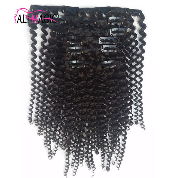 Ali Magic Brésilien Remy Vague Profonde Crépus Bouclés Bundles Clip Dans Les Extensions De Cheveux Humains Couleur Naturelle 7 Pièces / Ensemble Tête Complète 100G 120G