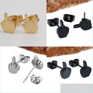 Clip sur vis arrière 2pcs en acier inoxydable noir majeur doigt vers le haut femmes hommes oreille bijoux goujons boucle d'oreille punk cool or sier plaqué 104 W2 Dhqrp