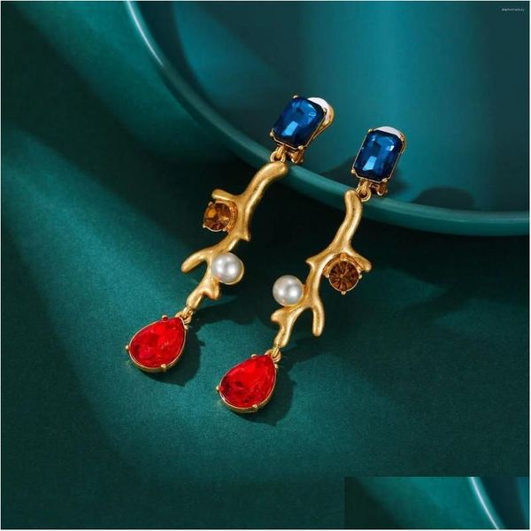 Clip-On Vis Back Backs Boucles d'oreilles européennes et américaines exagérées de mode couleur cristal corail long gland perle goutte oreille clip Dro Dhdkb