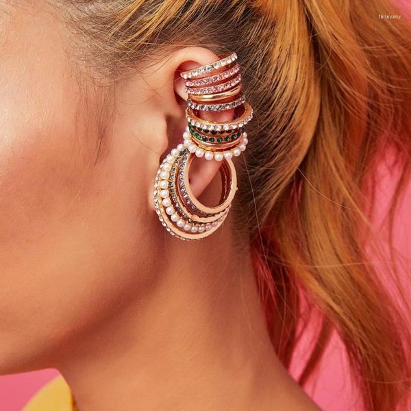 Clip-on Screw Back Boho Colorful Crystal Ear Cuff Earring Set Fashion Pearl Full Rhinestone Clip Sin punción Fake para WomenClip-on Fa