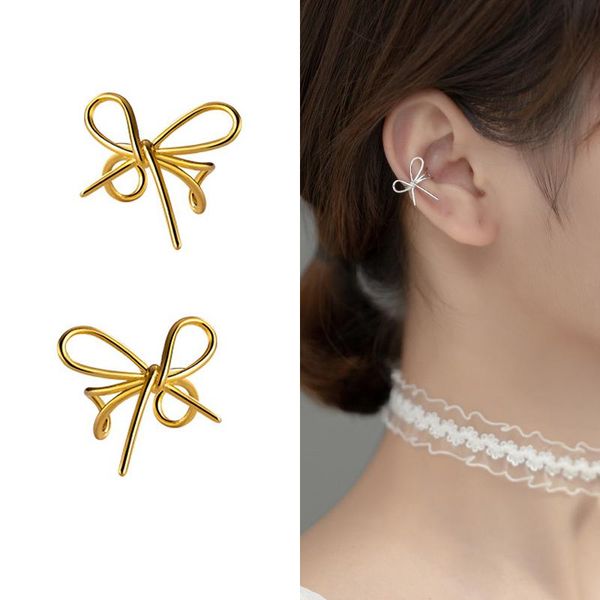 Clip-on Screw Back CAN12 Real 925 Sterling Silver Hollow Bowknot Ear Cuff Wraps Non-Perced Cartilage Boucles d'oreilles pour les femmes Hypoallergénique Je