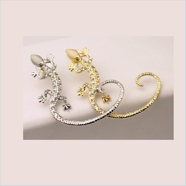 Clip en tornillo trasero Cip en tornillo trasero Pendientes Moda Rhinestone Ear Cuff Lujo Elegante Oro rosa Exagerado Gecko Lagarto Stud 5 Dhinh