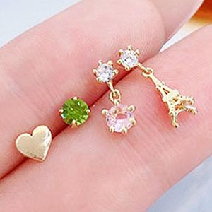 Clip-on schroef terug oorbel voor vrouwen vierdelig pak ingelegde smaragd cz groen diamant roze oorbellen piramide hart charme oor stad cadeau-o-o