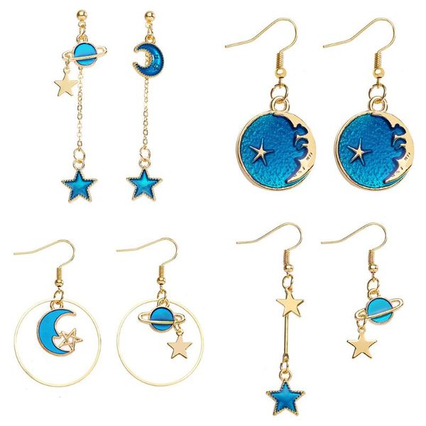 Clip-on Visser Boucles D'oreilles Creative Blue Star System Moon Drop Grace Belle Pour Fille Femmes Cadeau Frontière 2022Clip-on