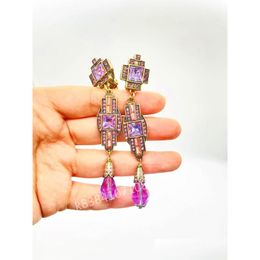Boucles d'oreilles à vis à clipser rétro surdimensionnées rose et violet goutte cristal strass longue suspension clip sur bijoux de qualité de luxe Nw Dhcnb