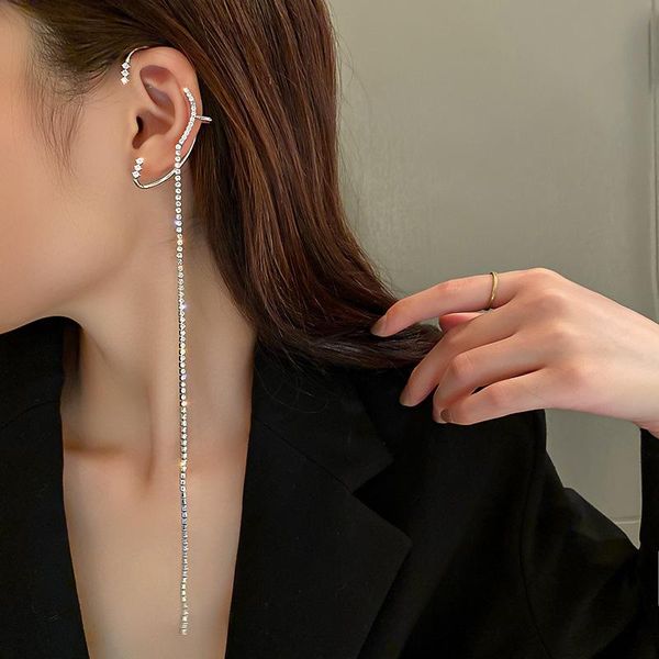 Clip-on vis arrière Style élégant mode Zircon incrusté Long gland strass métal oreille manchette pince boucle d'oreille pour les femmes exagérées à la mode juif