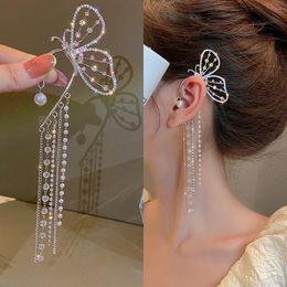 Clip-on schroef terug mode kristallen vlinder clip oorbel voor vrouwen parel kralen oor manchet lange kleppen charme holle oorbellen sieraden cadeauscl