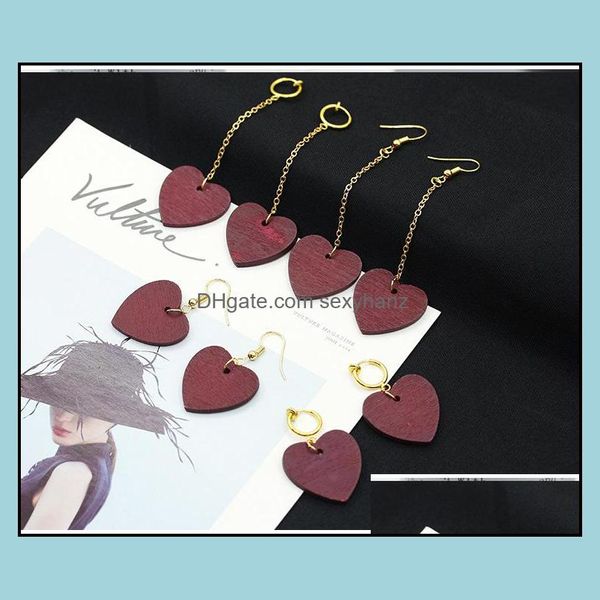 Clip-On Vis Dos Coréen En Bois Coeur Avec Amoureux Dangling Femmes Bois Vin Rouge Coeurs Clip Sur Boucles D'oreilles Pour Dames Mode Sexy Bijoux Dr