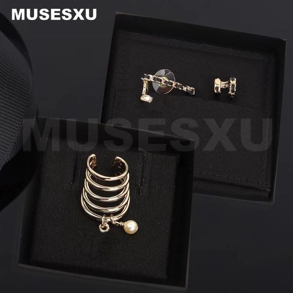 Boucles d'oreilles à Clip en cuir noir, vis à l'arrière, mode de luxe, marque luxueuse, Clip d'oreille en spirale dorée, cadeaux de fête pour femmes