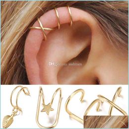 Clip-On Vis Retour Star Leaf Clip Sur Boucles D'oreilles C Forme Sier Feuilles D'or Dangle Hoop Mode Femmes Oreille Manchette Bijoux Cadeau Drop Deliver Dhor0