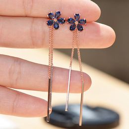 Clip-on vis arrière tempérament bleu cristal strass fleur longue chaîne gland Clip boucles d'oreilles accessoires de fête à la mode pour les femmesClip-on