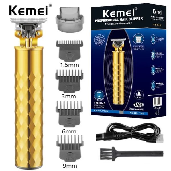 Clippers Kemei T9 Gold Hair Clipper Professional Electric Barber Zero Gauched Hair Trimm 0 mm Hair Machine Machine Men USB RECHARAGE