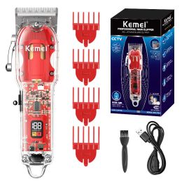 Clippers Kemei Coiffure transparente des hommes Clipper Rechargeable A réglable LCD Trimeuse de cheveux électriques Machine de coupe de cheveux de barbe professionnelle