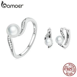 Clips Bamoer 925 Sterling Silver Geometric Quality Shell Pearl Ring Ear Backle Bijoux Set Pave Setting CZ pour les femmes Gift de fiançailles