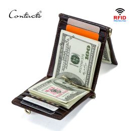 Clips Contact's Crazy Horse Cowhide Leather Rfid Money Clip Slim Card Wallet Trifold Male Cash Clamp Man Cash Holder Zip Coin Pocket