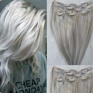 Clips in Hair Extensions Real Human Hairs Silver Gray Color Clip AAN voor VOLLEDIGE HOOFD 7PCS 120 G Silky Straight Remt Remy Hair1980