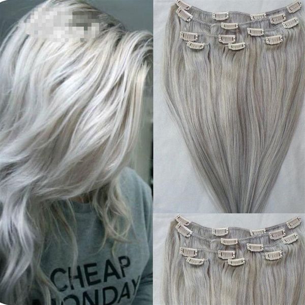 Clips dans les extensions de cheveux Real Human Heuts Silver Grey Color Clip ON pour la tête complète 7pcs 120g Silky Straight Waft Remy Hair1980