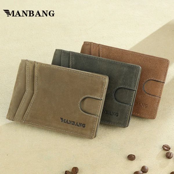 Clips Manbang RFID Blocking Slim Bifold en cuir authentique en cuir minimaliste portefeuille de poche avant pour les hommes avec une argent Clip Fin Mens