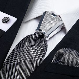 Clips Sier Black Hound-Stands en soie de soie pour hommes avec sier tie hoop Designer Men's Hood Tie Set Pocket Square Men Gift