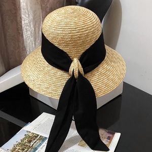 Cloche Paja para mujer UPF50 Sol Cinta negra Nudo Ancho Ala tejida Cubo Verano Playa Cap Derby Hat Y200602