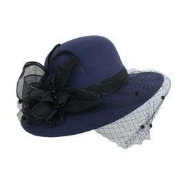 Cloches French Black Bownot Satin Tophoed Vrouwen Banquet Elegante Britse beroemdheid Jurk Fascinator Bruid Wedding Blue Fedora Hat 230210