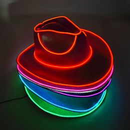 Cloches Western Led Cowboy Hat Cowgirl Hat Retro Led Light Brim Jazz Tophoed Gloeiende bruid hoed Cosplay Cosplay Cowboy Suit voor vrouwen Men 230620