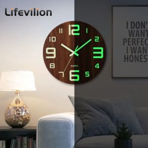 Relojes 12 pulgadas Reloj de pared Luminoso Madera nocturna Visible decoración de reloj silencioso nórdico con luz nocturna para la sala de estar de dormitorio casa