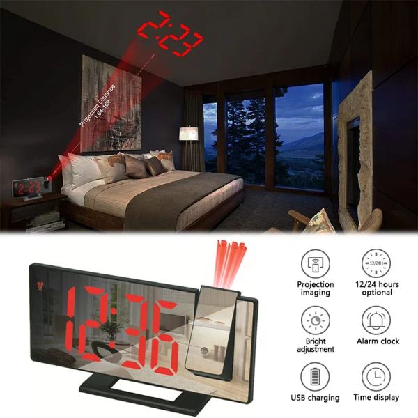 Horloges 180 ° Rotation Projection ALARME ALARME LED Projection numérique au plafond Temps électronique Projecteur Dual Loud Bedside Mute
