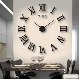 Horloges 2d / 3d Grand chiffres romains en acrylique miroir mural autocollant mode bricolage horloges horloges regardent décoration de salon autocollants