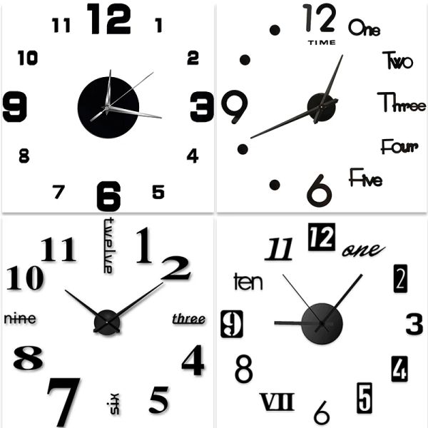 Horloges 3D Grand numéro romain Mur Horloge Quartz Aignedle Horloges Miroir en acrylique Murror Stickers pour le salon Décoration de la maison en gros
