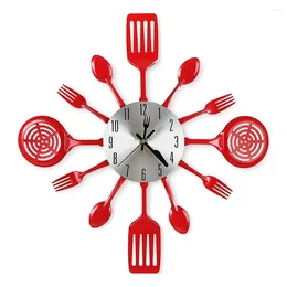 Accessoires d'horloges, grand mur de cuisine de 16 pouces avec cuillères et fourchettes, vaisselle 3D, horloge, décoration de la maison (rouge)