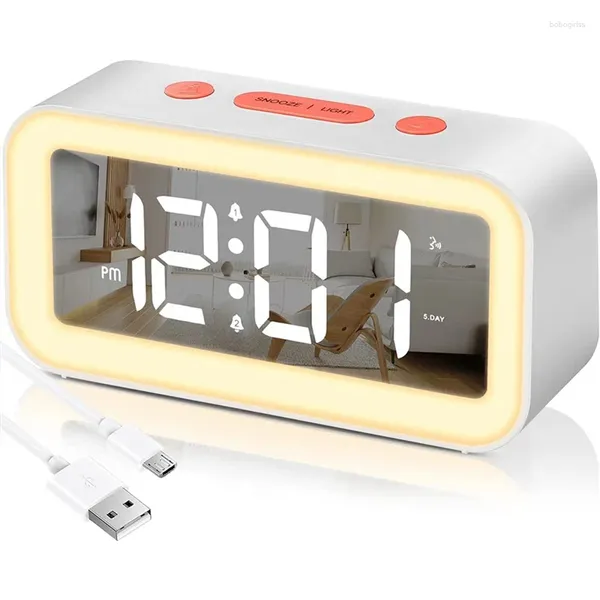 Accesorios de relojes Etiqueta de despertador digital Mirror de brillo ajustable LED electrónico 12/24hr SNOOZ para dormitorios (blanco)