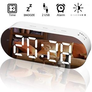 Horloges Accessoires LED Horloge Miroir Voyage Snooze Alarme Table Numérique Chambre Réveil Lumière Avec Double Chargeur USB Cable1