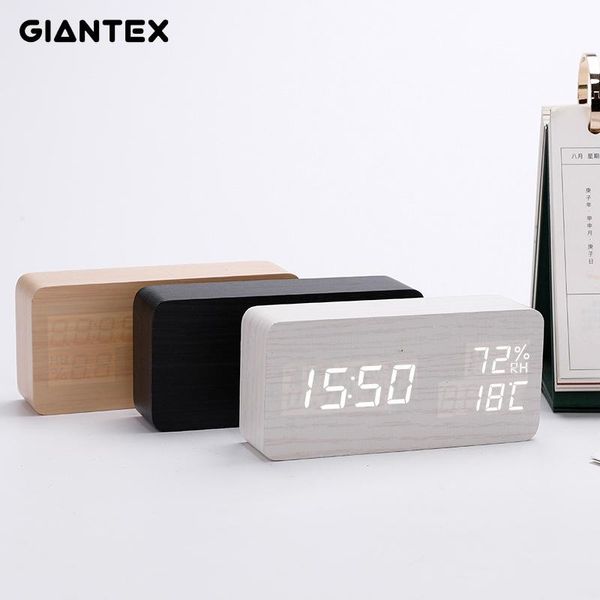 Relojes Accesorios Otro Reloj Despertador LED Digital Madera USB/ Alimentado Reloj de Mesa Con Temperatura Humedad Control de Voz Snooze Electro