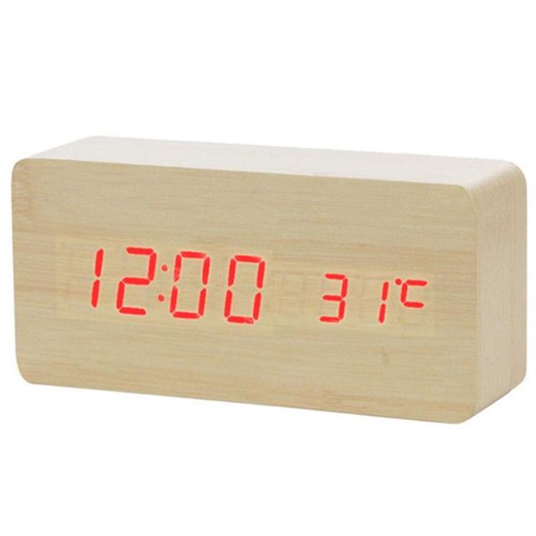 Horloges Accessoires Autres USB / LED Réveil en bois Montre Table Commande vocale Numérique Bois Despertador Électronique Bureau Décor 2023