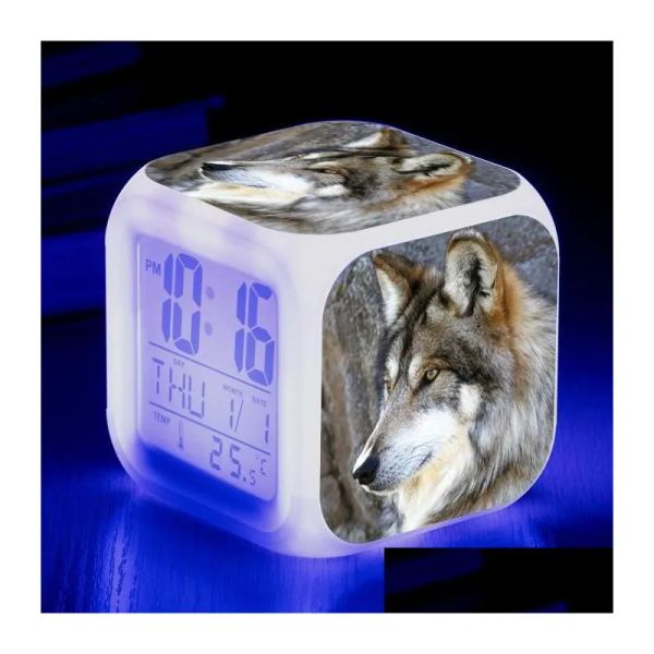 Accessoires d'horloges Loup 3D Imprimer Dessin animé Horloge LED Numérique Animal Alarme électronique pour enfants Adts Dhymg