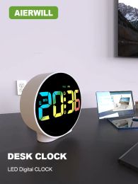 Horloges Aierwill N16 Éclairage d'alarme ronde avec calendrier de répétition 12 / 24h semaine Tables à LED numériques horloge pour les chambres étagère de bureau de chevet