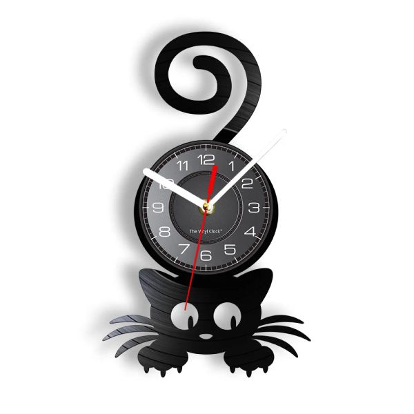 Corloges Crazy chat Lady Wall Art Silhouette chaton chat avec une queue drôle décor à la maison horloge murale noire en vinyle