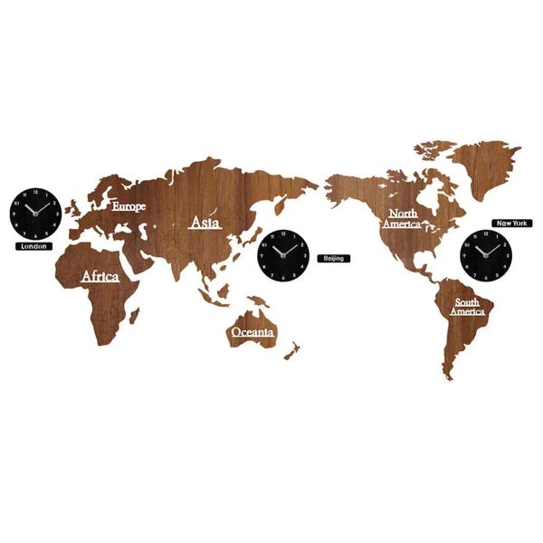 Clocks Creative World Map Wall horloge en bois grand wood montagne mural horloge moderne style européen rond Relogie de paede