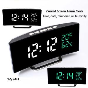 Relojes Pantalla curva de despertador digital Tiempo/fecha/temperatura/Pantalla de humedad 12/24H 3 Ensalentes Brillo Mesa de escritorio ajustable Reloj