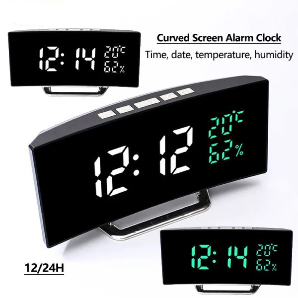 Horloges Écran incurvé Temps d'alarme numérique Temps / date / température / Humidité Affichage 12/24H 3alarms Lumidité Clock de table de bureau réglable