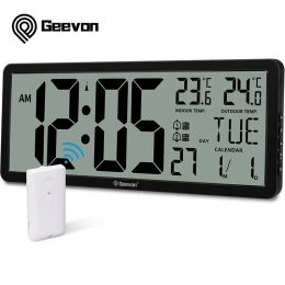 Horloges Geevon Wall Clock 14,3 "Grand horloge atomique numérique LCD numérique avec double réveil de température extérieure intérieure de 4,4" pour la chambre