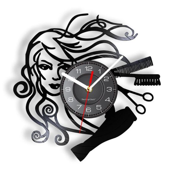 Horloges coiffure beauté salon vinyle disque mur horloge coiffeur coiffeur salon shop rotro couleur mural noir cadeaux coiffeur coiffeur pour femme