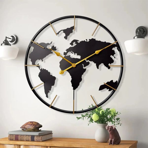 Relojes Gran reloj de pared de mapa mundial, reloj moderno minimalista de metal, relojes de pared operados por baterías sin silencio para sala de estar/Ho